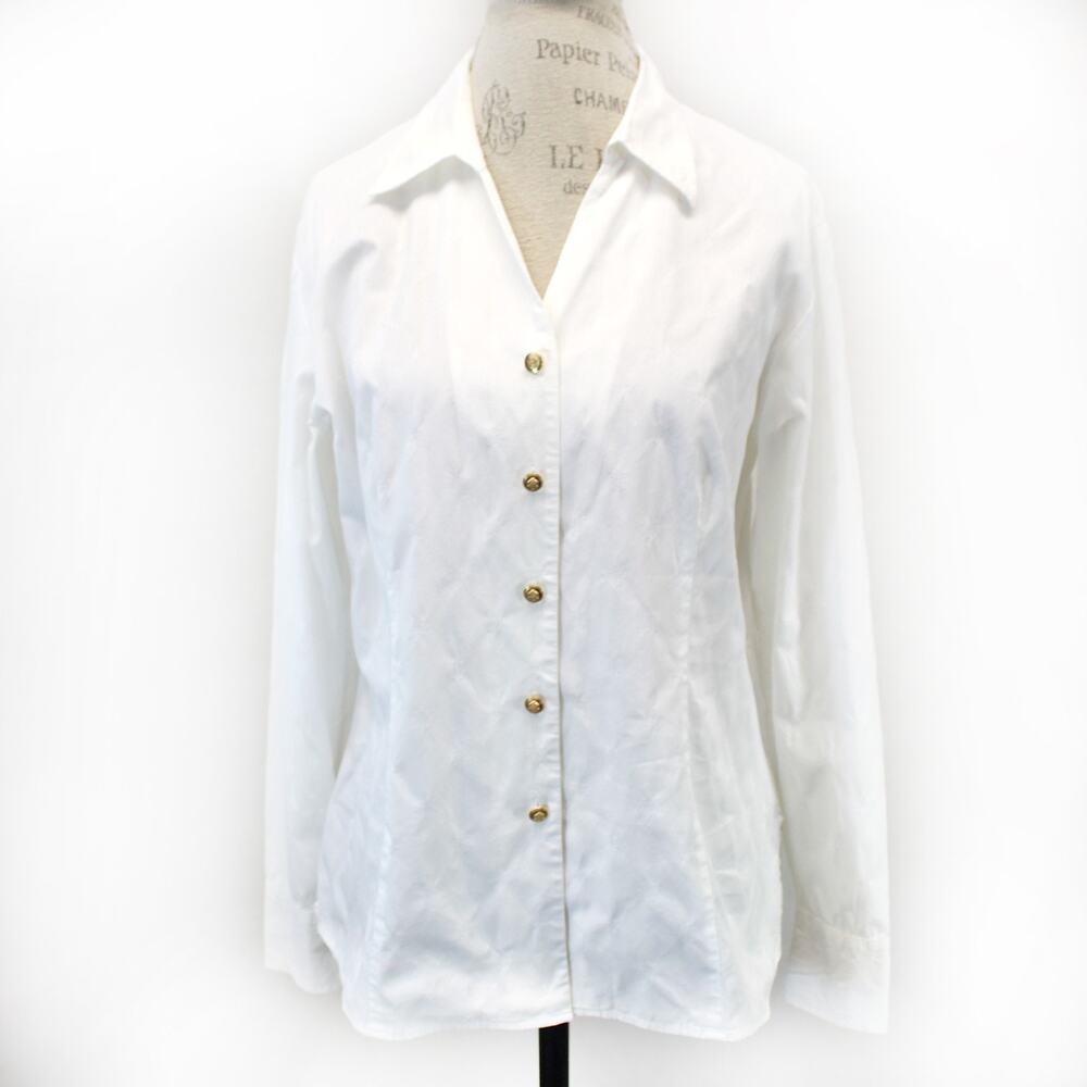 Talbots white embossed cotton button up long sleeve blouse shirt top slits 14 - Picture 2 of 9
